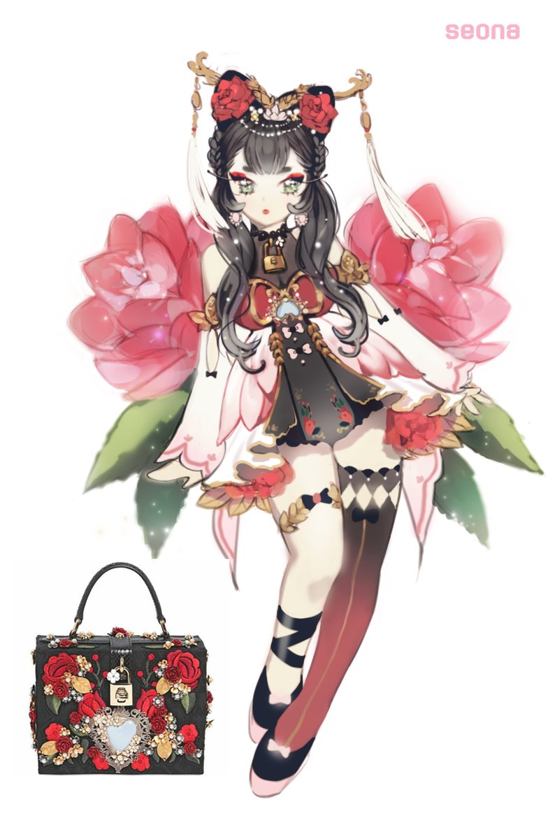 the image shows a digital illustration of a young girl with big green eyes and long black hair styled in a traditional chinese updo decorated with flowers and red ribbons. she is wearing an elegant black and pink dress with gold accents, black thighhigh socks, and black mary jane shoes. she has a flower design on her back, reminiscent of fairy wings. a black dolce & gabbana handbag with floral embroidery and a heartshaped lock is positioned next to her.  the background is pure white, making the character and the handbag stand out.