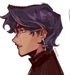 a digital drawing of a young man from the chest up, turned to his left so that he is in profile. he has dark purple hair that covers his ears, rectangular glasses, and a cross earring dangling from his left ear. he appears to be wearing a dark shirt with a tall collar. the background is blank white.