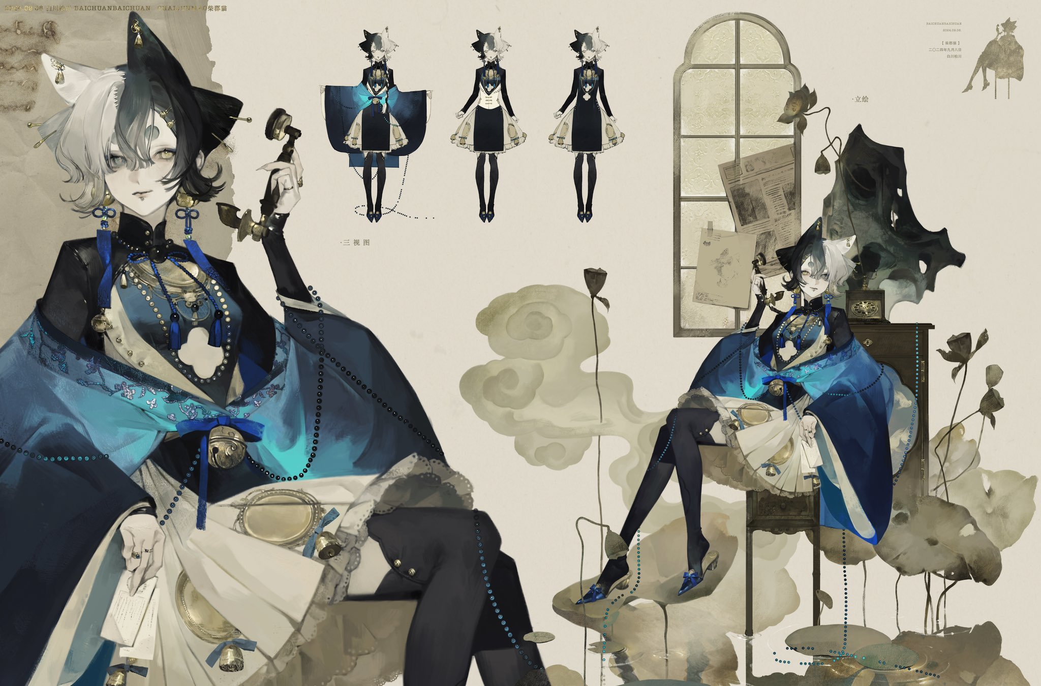 this is a digital illustration of a catlike girl with white and black hair, wearing a blue and black dress with a white collar and a blue ribbon. she is sitting on a wooden chair, holding a telephone with a cord. there are two flowers to her right and left side. the girl is in a room with a window behind her that looks out to a flower garden. she is smiling and her hair is styled in a way that it seems to be cat ears. she is wearing stockings and black shoes.
