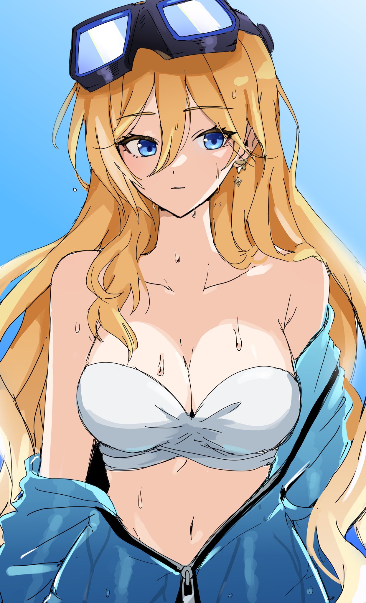 the image shows a young anime girl with long blonde hair, wearing a blue jacket over a white bikini top. she has blue eyes and a cute, happy smile on her face. the image is set at a beach, and the girl is dripping wet, suggesting she has just been swimming.