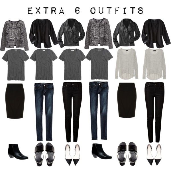 the image displays six different outfit combinations. each outfit consists of a top (jacket or cardigan), a shirt (tshirt or longsleeve), a bottom (skirt or jeans), and shoes (ankle boots, sandals, or pumps). the color palette mainly consists of black, gray, and dark wash denim.