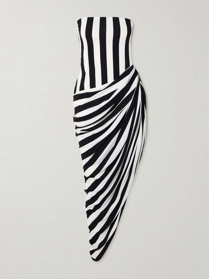 a black and white striped strapless dress with a gathered skirt. the dress is formfitting and has a modern, chic style.  it's perfect for a special occasion.