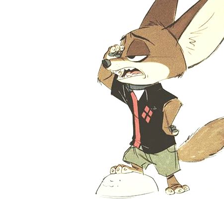 the image shows a cartoon sketch of finnick, a fennec fox character from the disney movie zootopia. he is standing on a rock, looking angry and shading his eyes with his hand as if trying to see something. he is wearing sunglasses on his head, a black shirt with a red diamond pattern, and green shorts. his tail is visible on the right side of the image.