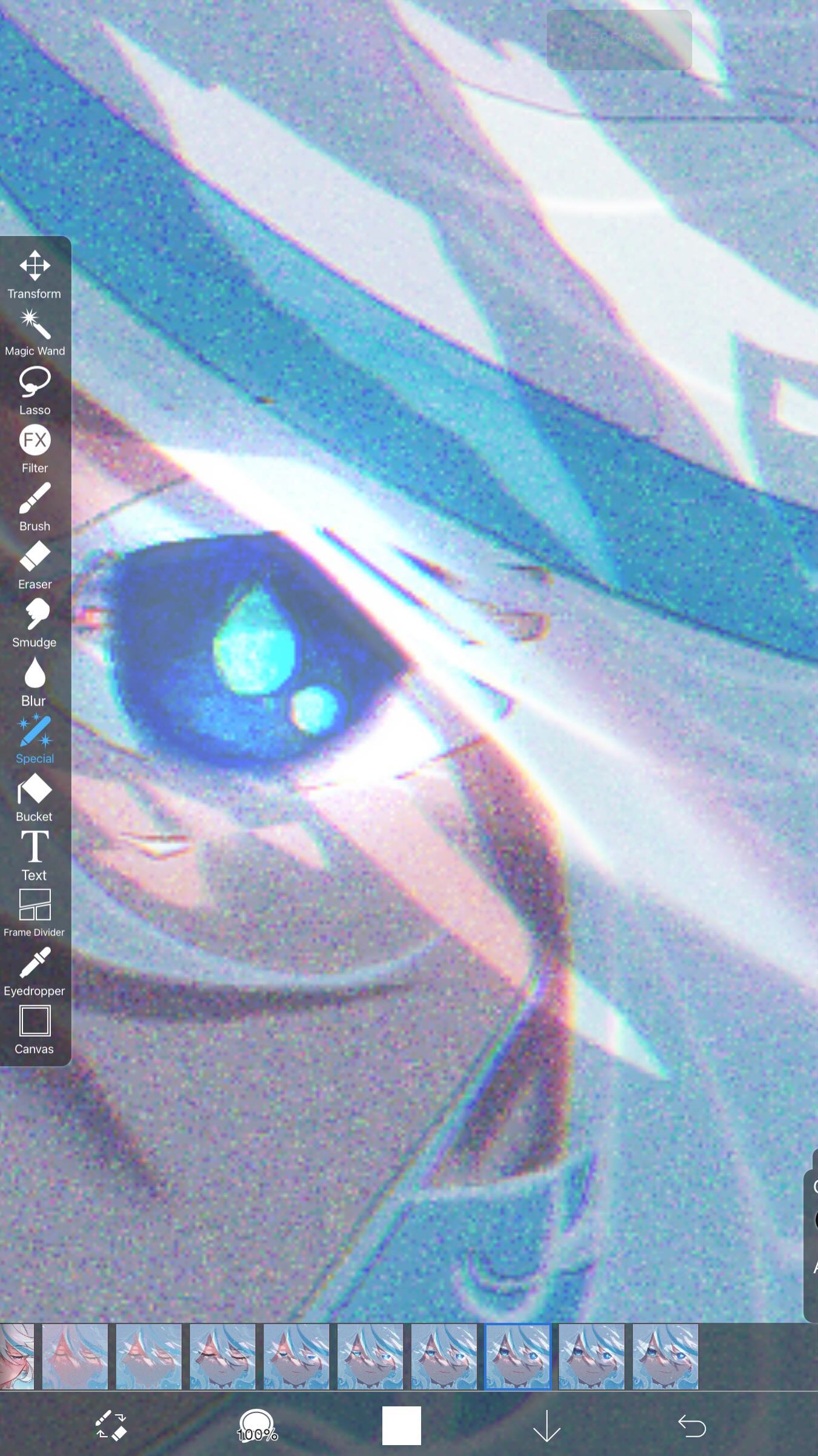 the image shows a closeup of a stylized animestyle eye, digitally edited with a glitch effect and pastel color scheme. the eye is predominantly blue, and the overall image is softfocused with a distorted appearance.  a toolbar on the left side of the image displays various digital art and photo editing tools, typical of a mobile or tabletbased image editing application.  a series of thumbnails at the bottom suggest a timeline or layer functionality within the application.  the overall aesthetic combines anime art style with digital manipulation to create a dreamy, somewhat surreal look.
