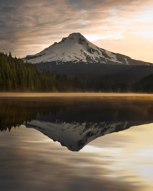 the image captures the majestic mount hood reflected in the still waters of trillium lake. the snowcapped peak of the mountain is bathed in the golden light of the rising sun, casting a warm glow over the surrounding forest and mist. the reflection in the lake is nearly perfect, creating a sense of symmetry and tranquility.