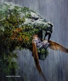 a fantasy painting depicts a woman with wings sitting within the mouth of a large stone lion head statue overgrown with ivy and vines. it is raining.
