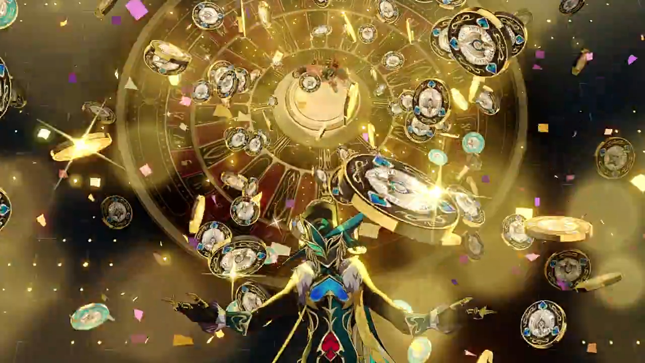 a video game character standing with arms outstretched, surrounded by a shower of gold coins and sparkling gold clocks. the character is a humanlike figure wearing a flowing gown with a mask and has a green hue on their body. the character is surrounded by a golden clock with roman numerals,  glowing golden clocks and coins. the scene is set in a fantasy world and has a mystical and magical vibe.  the overall effect is one of wonder and excitement.