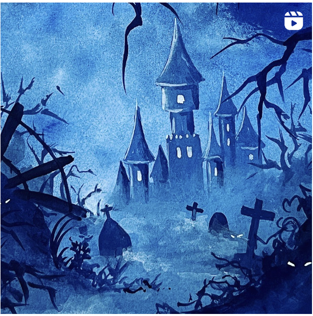this is a watercolor illustration of a haunted house and graveyard at night. the sky is dark blue and the moon is shining on the house. there are tombstones in the foreground and trees in the background.