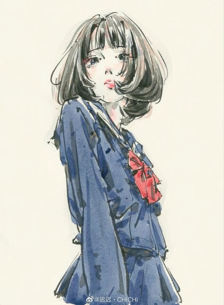 the image is a watercolor illustration of an animestyle girl. she has shoulderlength dark hair, a melancholic expression, and is wearing a dark blue sailorstyle school uniform with a red bow. the art style is loose and expressive, with visible brushstrokes giving a textured look to the clothing and hair. the background is a simple offwhite, focusing the attention on the girl. the artist's signature "@迟迟 · chichi" is visible in the bottom right corner. the overall mood is contemplative and slightly wistful.