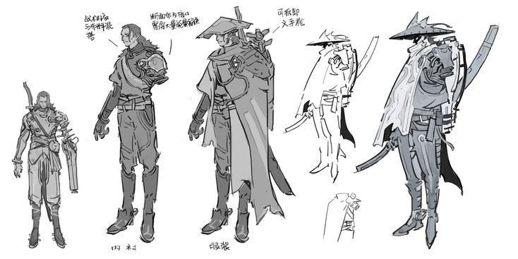 this image contains a concept art of character design for a samurai. there are five different sketches of the samurai, with different variations of clothing and equipment. all of the sketches are in black and white, with simple lines. the sketches are labeled with some japanese writing, which might be the name of the characters or the names of the different designs.