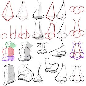 the image shows a compilation of different methods and techniques for drawing noses. it includes various approaches, from basic shapes like triangles and circles to more complex forms with shading and anatomical details. the image serves as a visual guide for artists to learn how to construct and draw noses from different angles and with varying styles. it contains illustrations of noses at different steps of the drawing process.