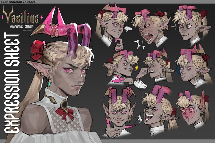 this is a character sheet for a character named vasiliius. the sheet features a variety of different expressions, including happy, sad, angry, and surprised. the character is an elf with pink horns and red hair.