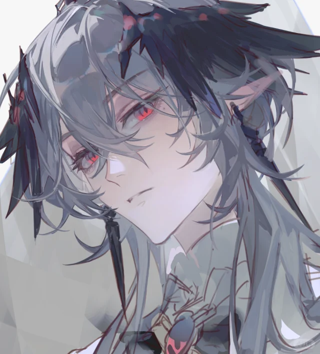 the image is a detailed digital drawing or painting of an animestyle male character. he has long, grey hair adorned with dark, ornate accessories that resemble feathers or wings. his eyes are a striking red, and he possesses pointed elflike ears.  he has pale skin and is depicted from the chest up in a closeup, stylized portrait. the character's expression is somewhat serious and enigmatic. the art style is soft and painterly, with subtle shading and a focus on details like the character's hair and accessories.  the overall mood is mysterious and elegant.