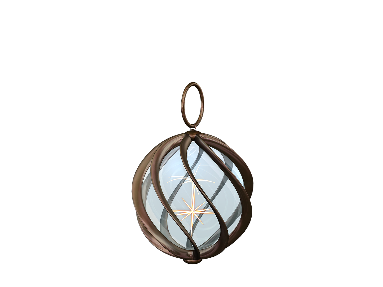 the image shows a stylized ornament consisting of a glass sphere held within a metal cage. the cage is comprised of bronzecolored bands that curve around the sphere. inside the sphere is a golden, eightpointed star. the ornament is suspended from a golden loop at the top. the background is black.