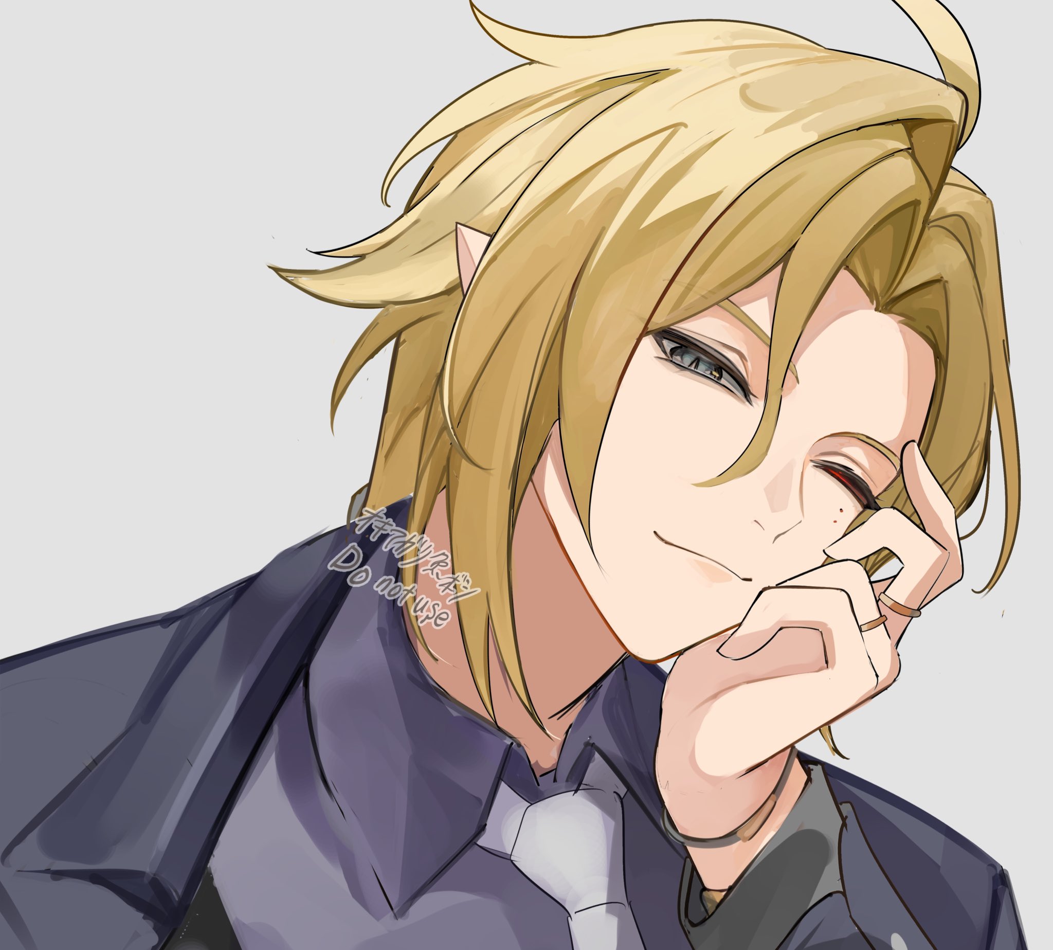 an animestyle illustration of a man with blond hair and a smirk on his face. he is wearing a suit and has a ring on his finger. he has his hand up to his face.