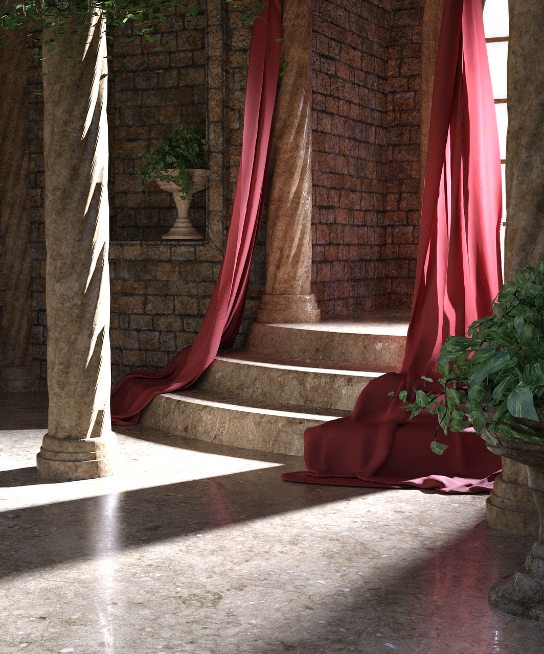 a photograph of an architectural structure with stone columns and steps, adorned with red drapery and potted plants. the scene is lit by sunlight, creating a play of shadows on the stone floor.