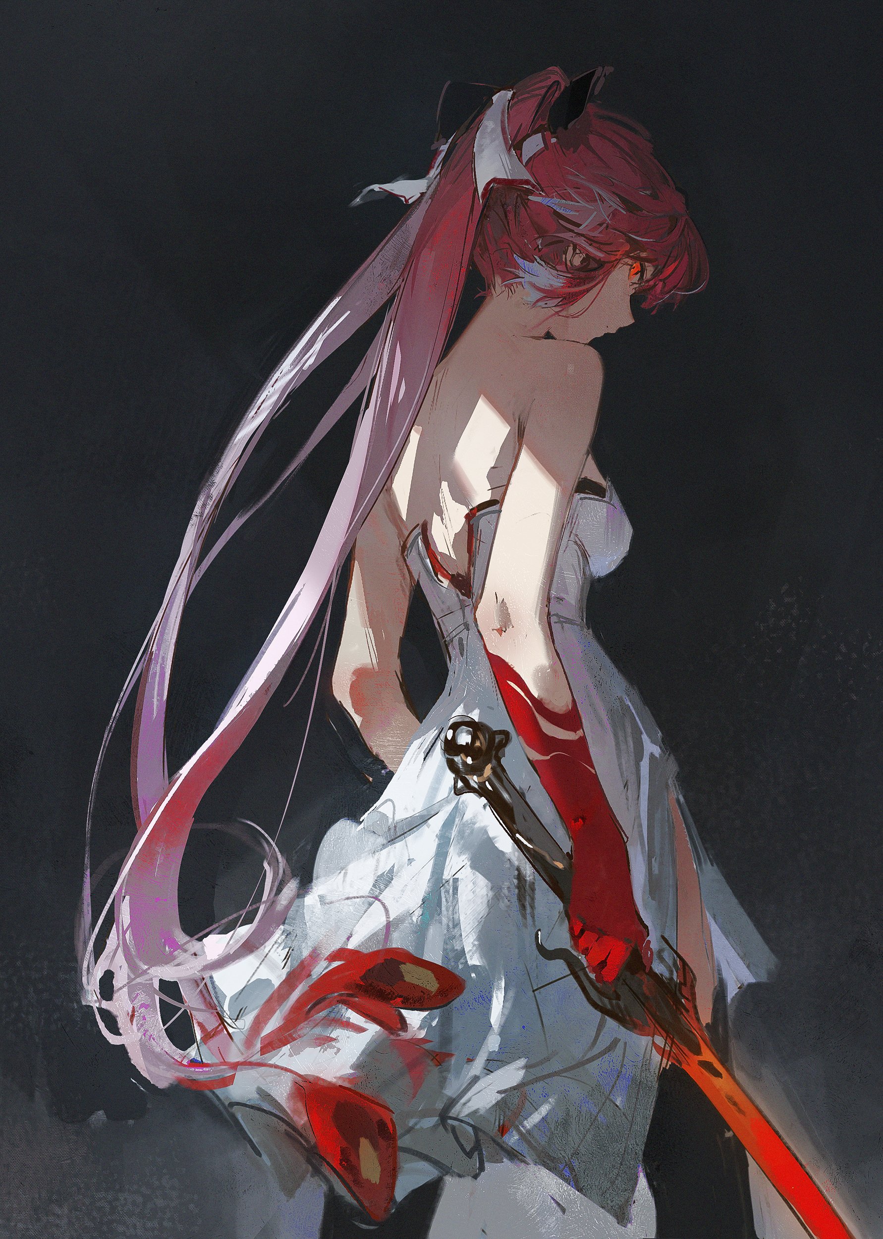 this digital art piece depicts a female anime character with long pink hair, dressed in a white dress and red gloves, holding a sword with a red blade. she is standing in a dramatic pose, with her back to the viewer, and her face turned away. the background is dark, and the lighting is dramatic, highlighting the character's features and creating a sense of mystery and power.