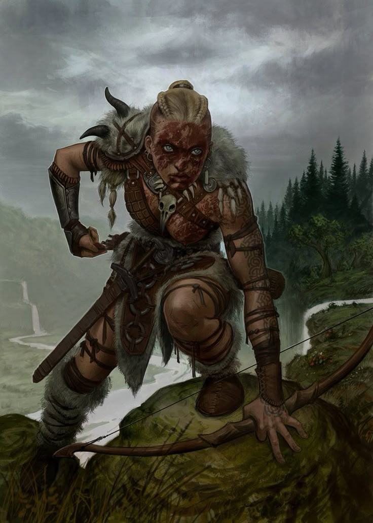 the image depicts a fierce female warrior in a fantasy setting. she is crouching on a rocky outcrop, holding a bow and arrow, ready to strike. her clothing is made of fur and leather, suggesting a tribal or barbarian origin. she has tribal tattoos on her arms and war paint on her face. a skull necklace adorns her neck, and hornlike armor protects her shoulder. the background features a mountainous landscape with a waterfall and a dense forest. the overall tone of the image is dark and gritty, evoking a sense of danger and survival.