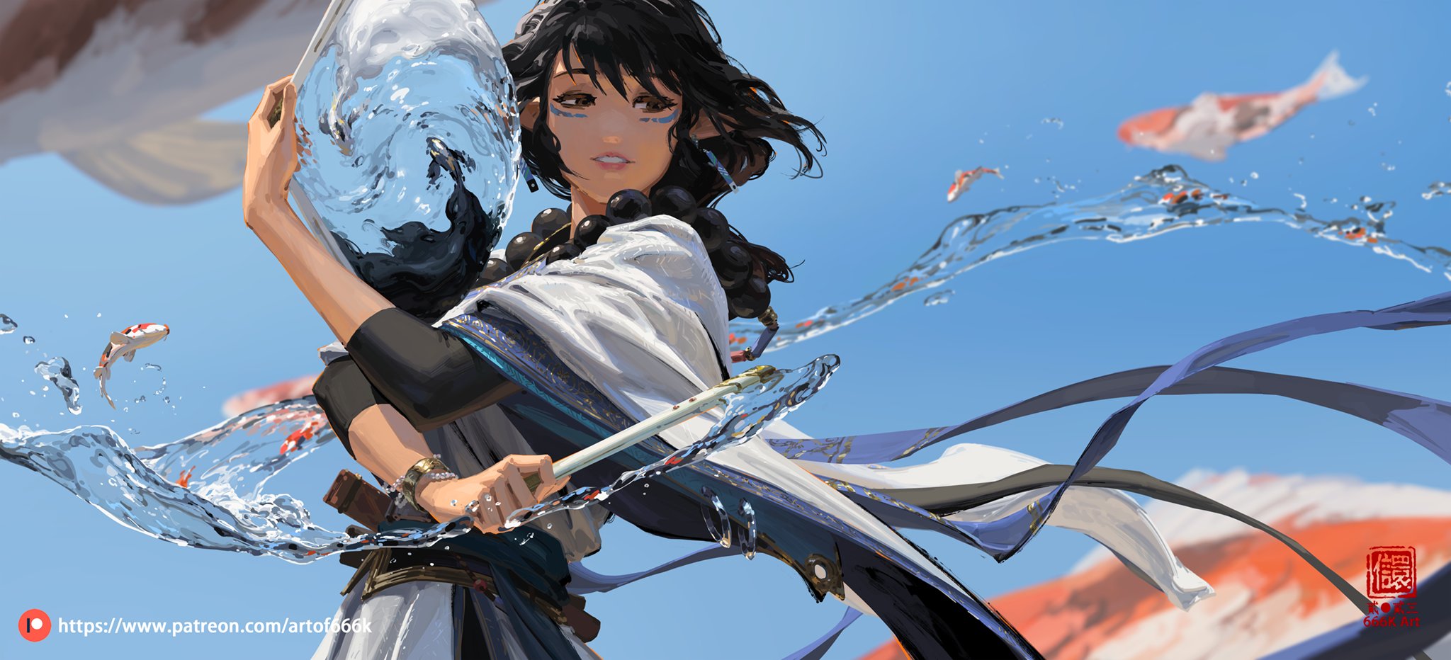 the image is a vibrant digital painting depicting a young animestyle woman with dark hair and stylized facial markings. she's dressed in flowing white and blue clothing reminiscent of a kimono or robe, and is dynamically posed, seemingly manipulating a large sphere of swirling water.  koi fish swim through the water splashes surrounding her. the background features a clear blue sky and hints of an orange landscape. the overall style is fantastical and ethereal, showcasing impressive control of light, water, and fabric movement. the artist's signature is subtly placed in the bottom right corner.
