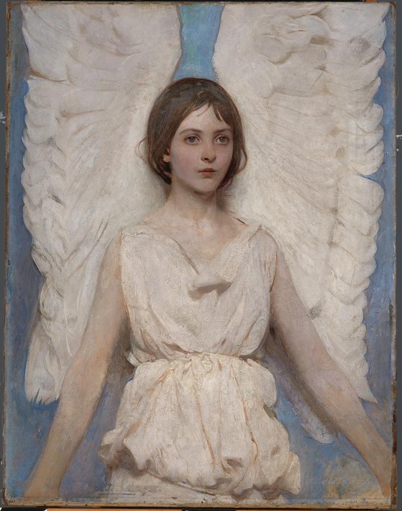 a painting of a young woman with angel wings. she is wearing a simple white dress and has fair skin. the background is a soft blue. her expression is gentle and serene. the lighting is soft, creating an ethereal and innocent feel. it appears to be a classical style portrait.