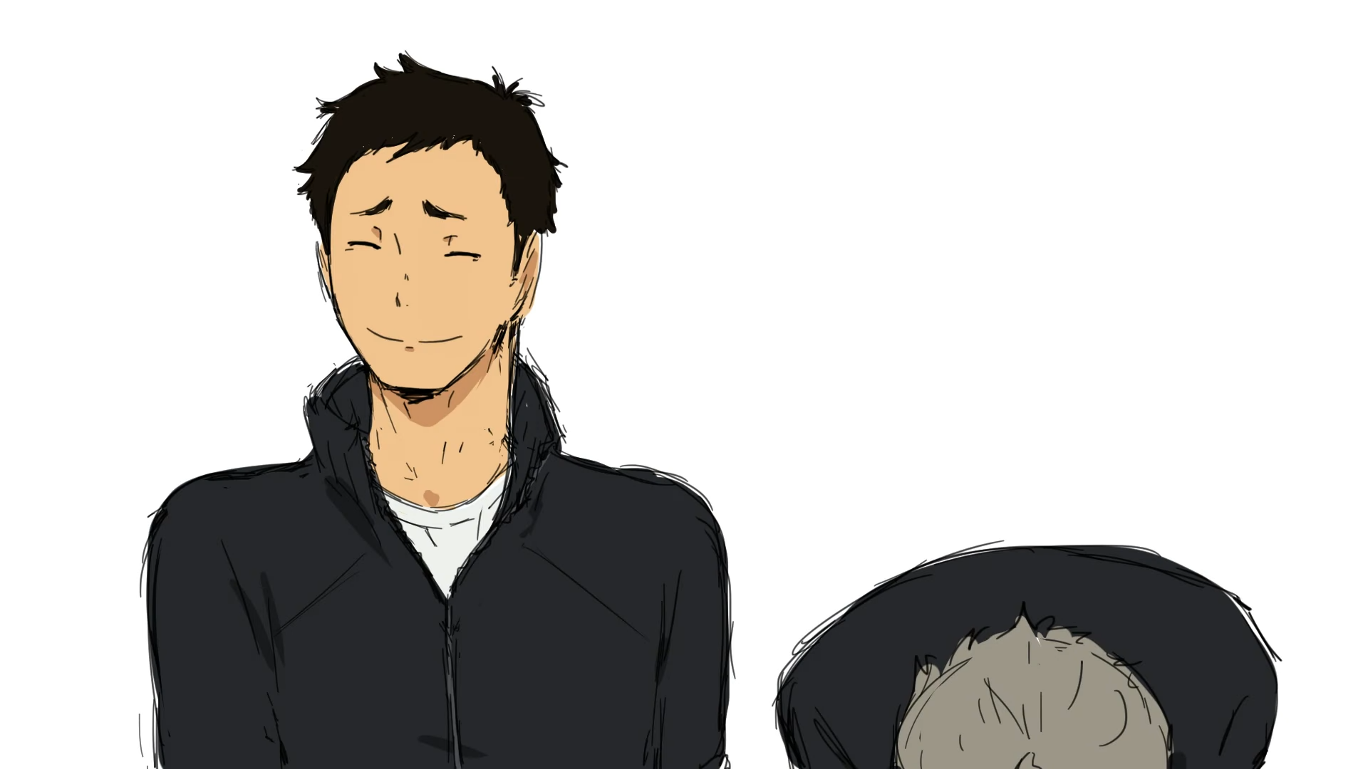 a colored sketch of sawamura daichi and sugawara koushi from haikyuu!!. daichi is in the foreground and facing forward with his eyes closed and smiling. he is wearing a black jacket over a white shirt. sugawara is in the background, facing away from daichi with his head down. he is wearing a black jacket with a hood.