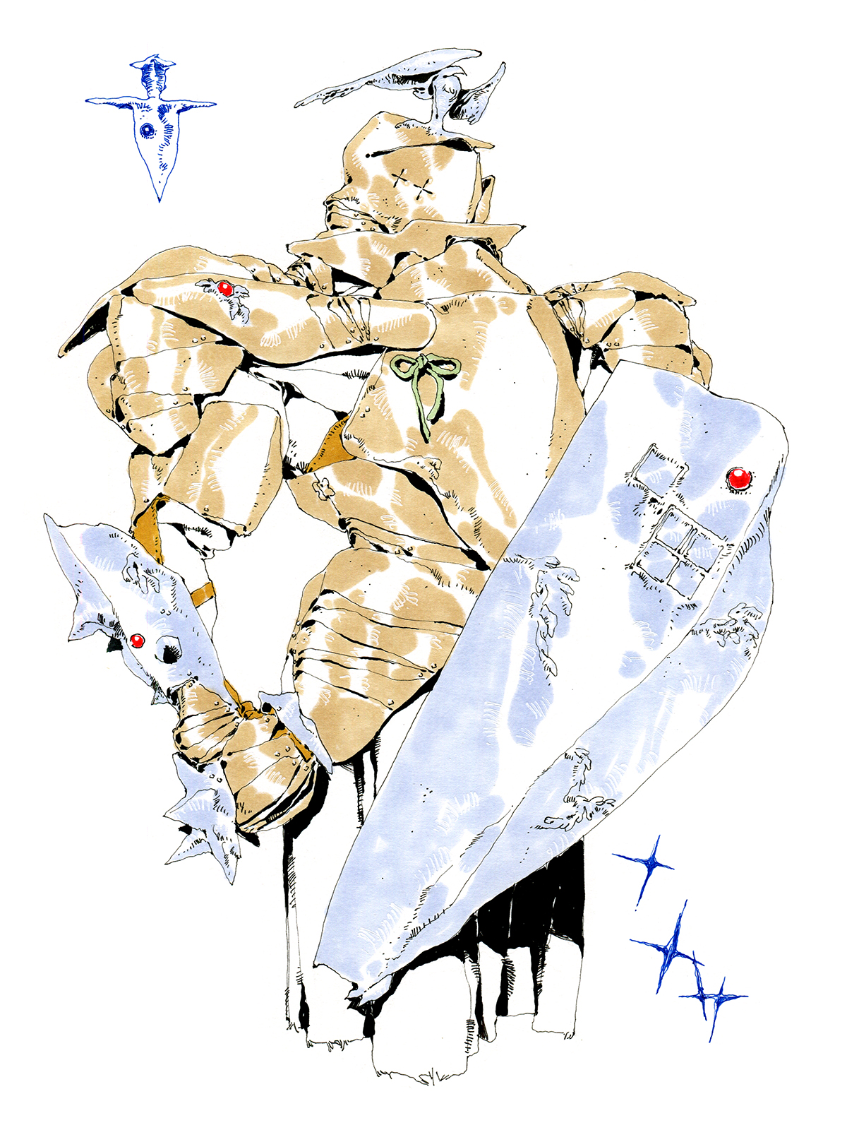 the image is a pen and ink sketch of a knight in full plate armor. the knight is standing with his sword and shield raised in a defensive posture. the armor is highly detailed, with intricate designs and embellishments. the style is reminiscent of classic fantasy illustrations, with a focus on line work and hatching to create depth and texture. the use of negative space and limited color palette adds to the dramatic effect.