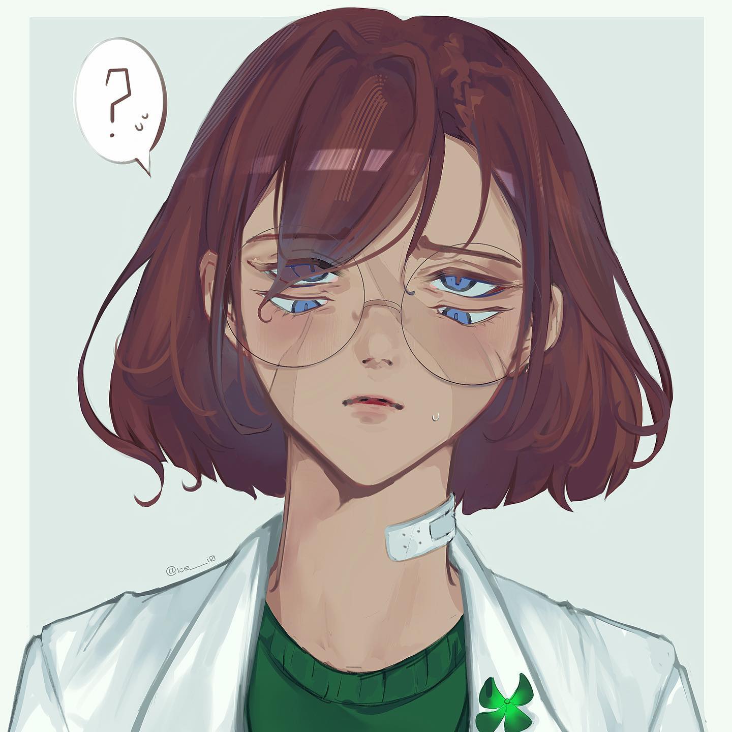 the image is an animestyle illustration of a young woman with brown hair and glasses. she appears tired or confused, with a slight frown and droopy eyelids. she wears a white doctor's coat over a green shirt with a fourleaf clover design. a bandage is visible around her neck. the background is a pale bluegrey. a small thought bubble above her head contains a question mark.