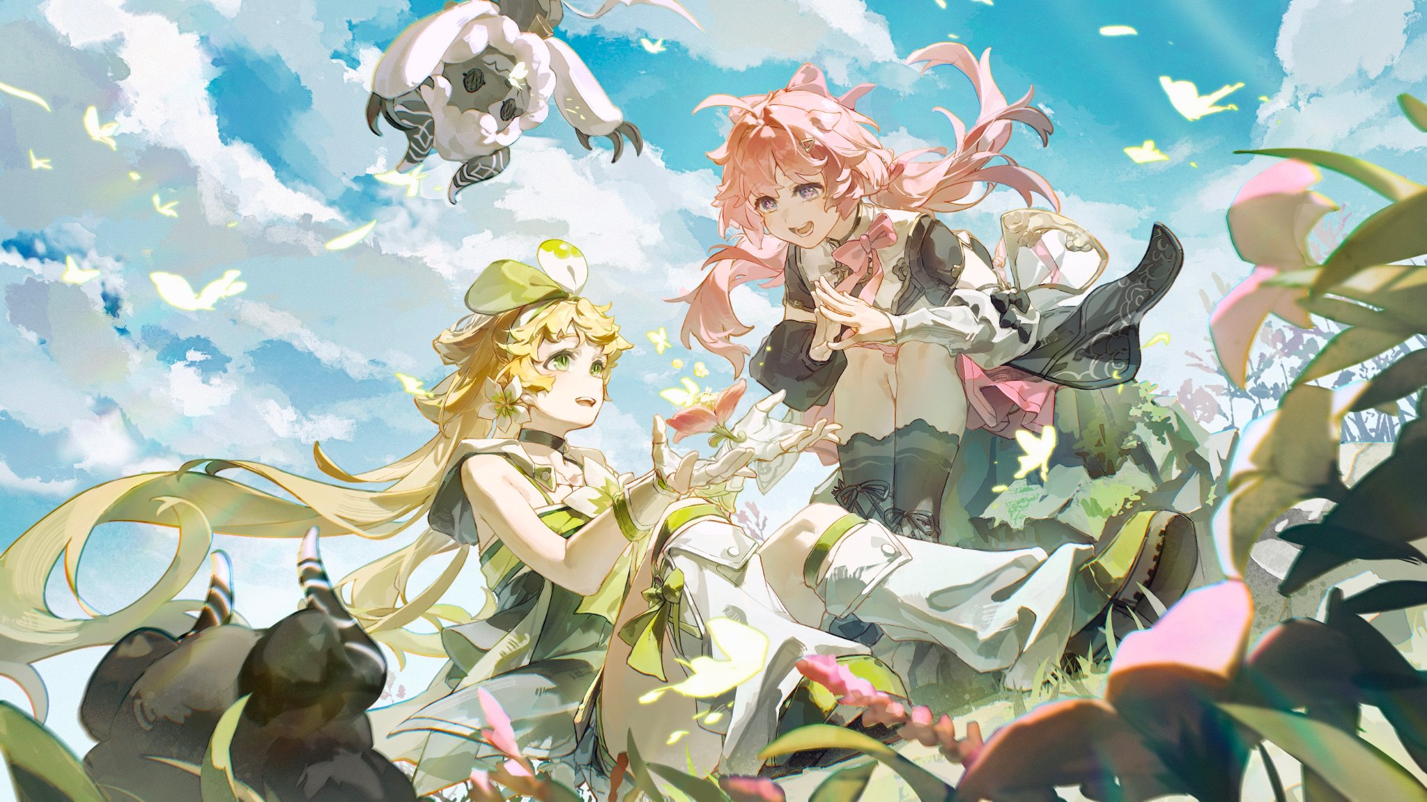 the image showcases two female anime characters in an outdoor setting against a backdrop of a bright blue sky scattered with fluffy white clouds. lush greenery, vibrant flowers, and fluttering butterflies surround the characters, creating a lively and whimsical atmosphere. the character on the left has long blonde hair and is dressed in a green and white outfit, while the character on the right sports pink hair and a black and white ensemble. both characters exude a joyful and carefree demeanor, enhancing the overall cheerful ambiance of the scene.