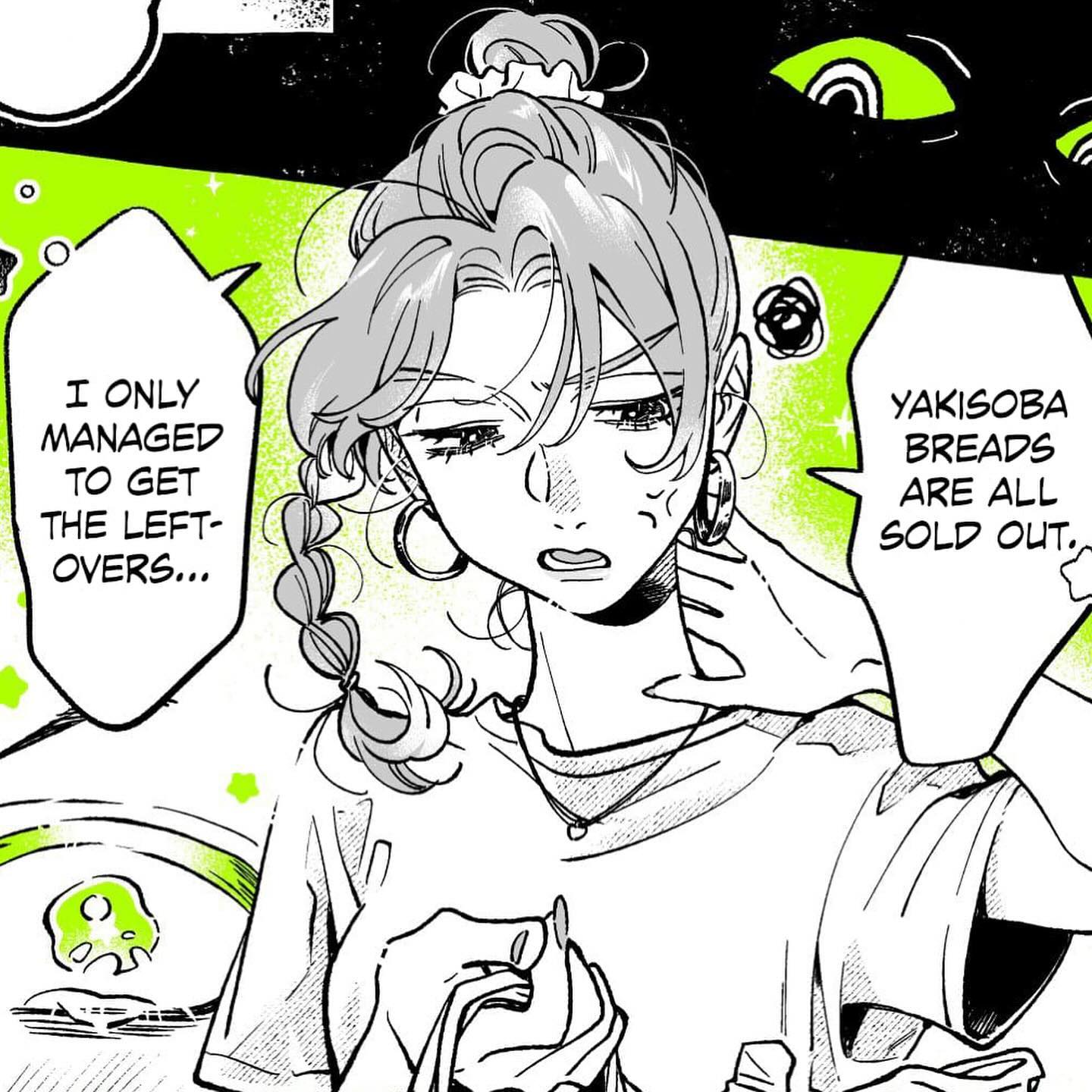 a black and white manga panel featuring a young woman with a disappointed expression. she is speaking, revealing through a speech bubble that she only managed to get leftover food because the yakisoba bread is sold out. the background features a bold, graphic style with black and white patterns and a bright green color accentuating the speech bubble.