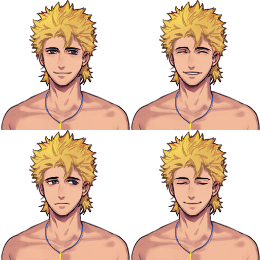 his image shows four different portraits of the same animestyle male character.  each panel features the character with a slightly different expression: neutral, smiling, sad, and eyes closed. he has blond spiky hair, a bare chest, and wears a necklace. the style is consistent throughout, with soft shading and a slightly muted color palette. the images are arranged in a 2x2 grid.