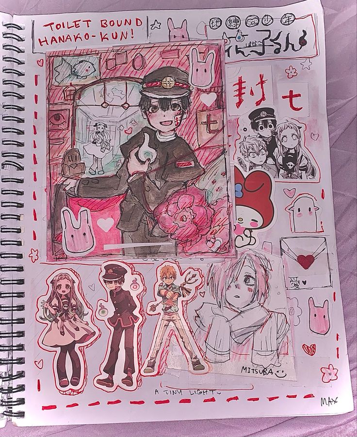 this is a page from an anime fan's journal. the page is covered in drawings and stickers from the anime "toiletbound hanakokun." the drawings depict various characters from the show, including hanako, nene, mitsuba, and teru. there are also stickers with quotes from the show. the page is filled with pink and red hearts, indicating that the fan loves this anime. the background is also covered in pink and red heart stickers. the handwriting is in japanese characters.