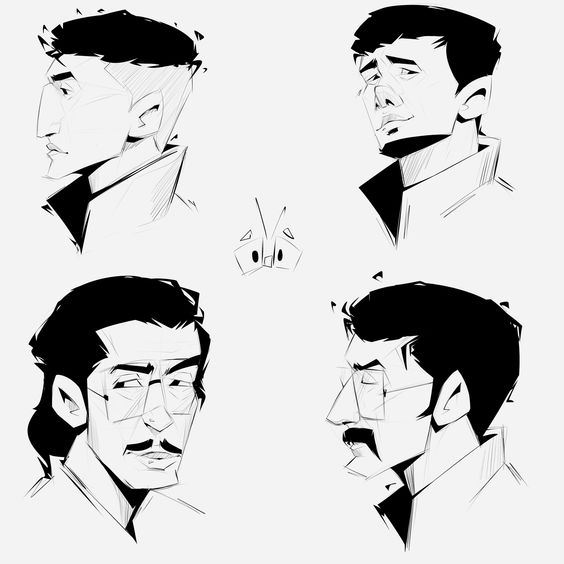 the image shows four black and white drawings of men in profile. each drawing is done in a simple line style, with only basic features like eyes, nose, mouth, and chin visible. the men have various expressions, some appear to be smiling while others have neutral expressions. the drawings are placed against a white background. the men are all different ages and have different hair styles.