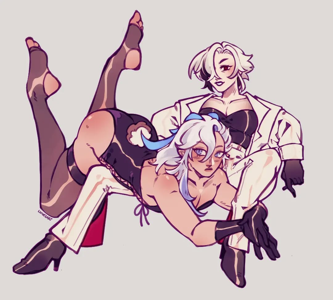 the image is a digital fanart depicting two stylized female characters in a suggestive pose. one character with long white hair is sitting while the other, with long purple hair, is draped over her,  legs elegantly crossed. the characters have distinct animeinspired designs and are dressed in contrasting outfits:  one in a black and darktoned bodysuit with stockings and heels, the other in a stylish, loose white outfit. their interaction suggests a close, perhaps romantic, relationship. the art style is colorful and playful, with a focus on dynamic poses and vibrant tones.