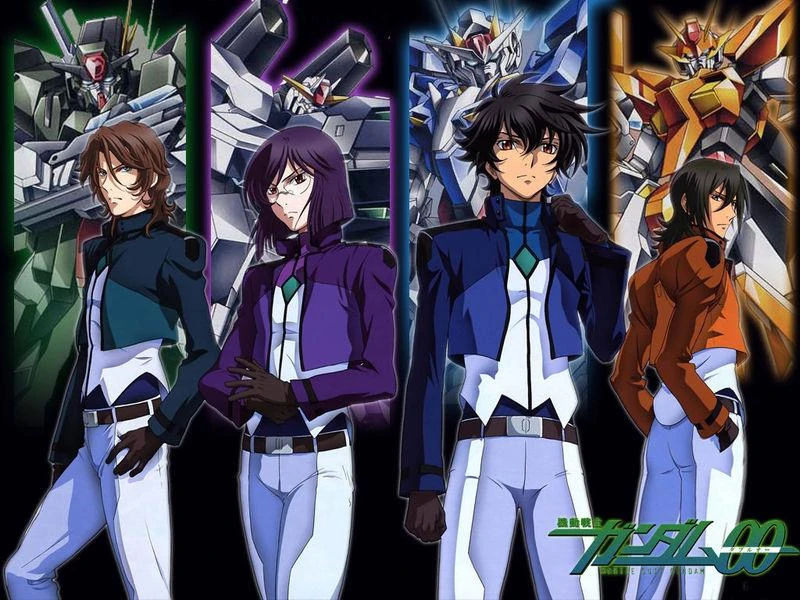 the image shows a group of four characters from the anime mobile suit gundam 00, standing in front of their respective gundam mecha. from left to right: lockon stratos in front of his dynames gundam, tieria erde in front of his virtue gundam, setsuna f seiei in front of his exia gundam, and allelujah haptism in front of his kyrios gundam. the characters are depicted in their pilot suits, and the image has a futuristic and science fiction theme.