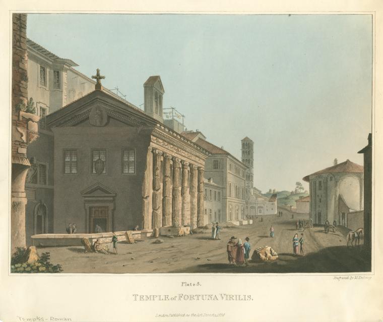 a watercolor print of the temple of fortuna virilis in rome. the temple is a rectangular structure with a portico of fluted columns. a cross is visible on top of the temple. in front of the temple is a street with people walking and carriages with horses. other buildings are seen in the background.