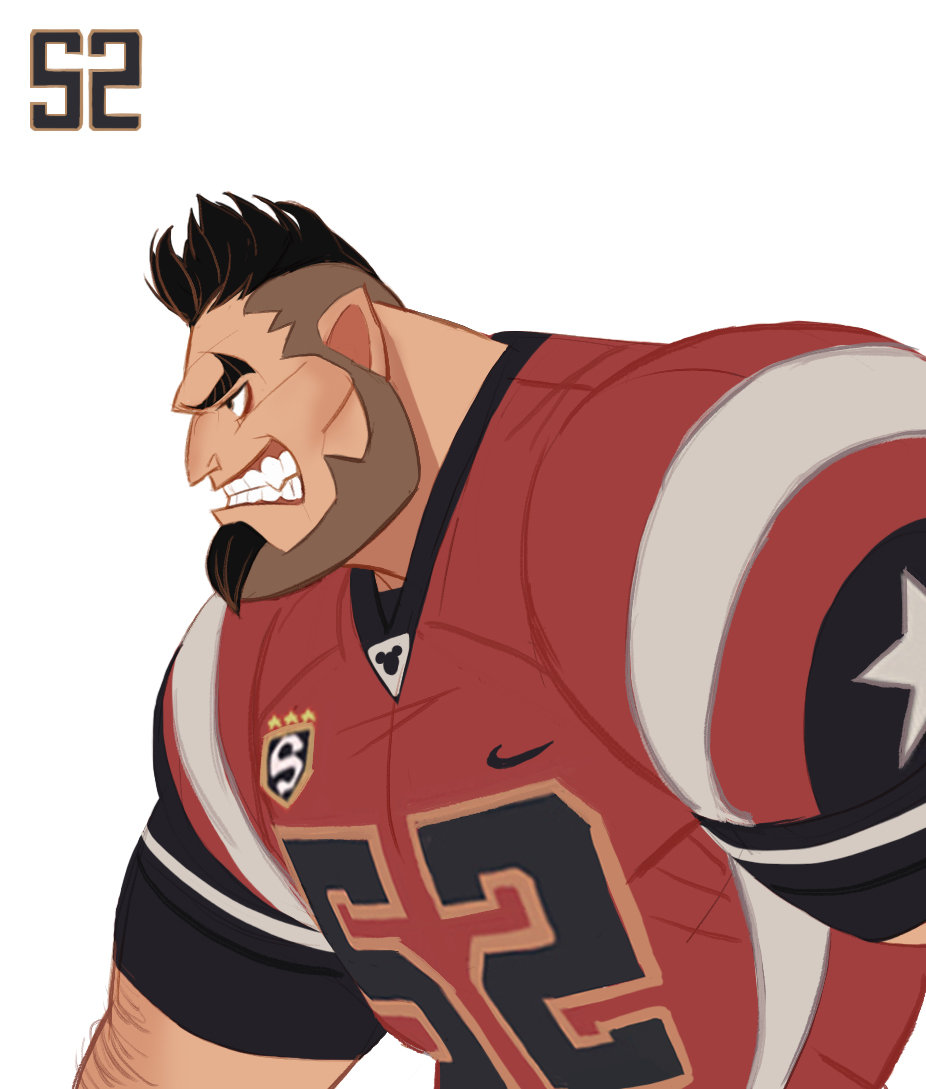 this is a digital illustration of a male football player with an aggressive expression. he is wearing a red and white uniform with the number 52. the style is cartoonlike with exaggerated features. the background is white.