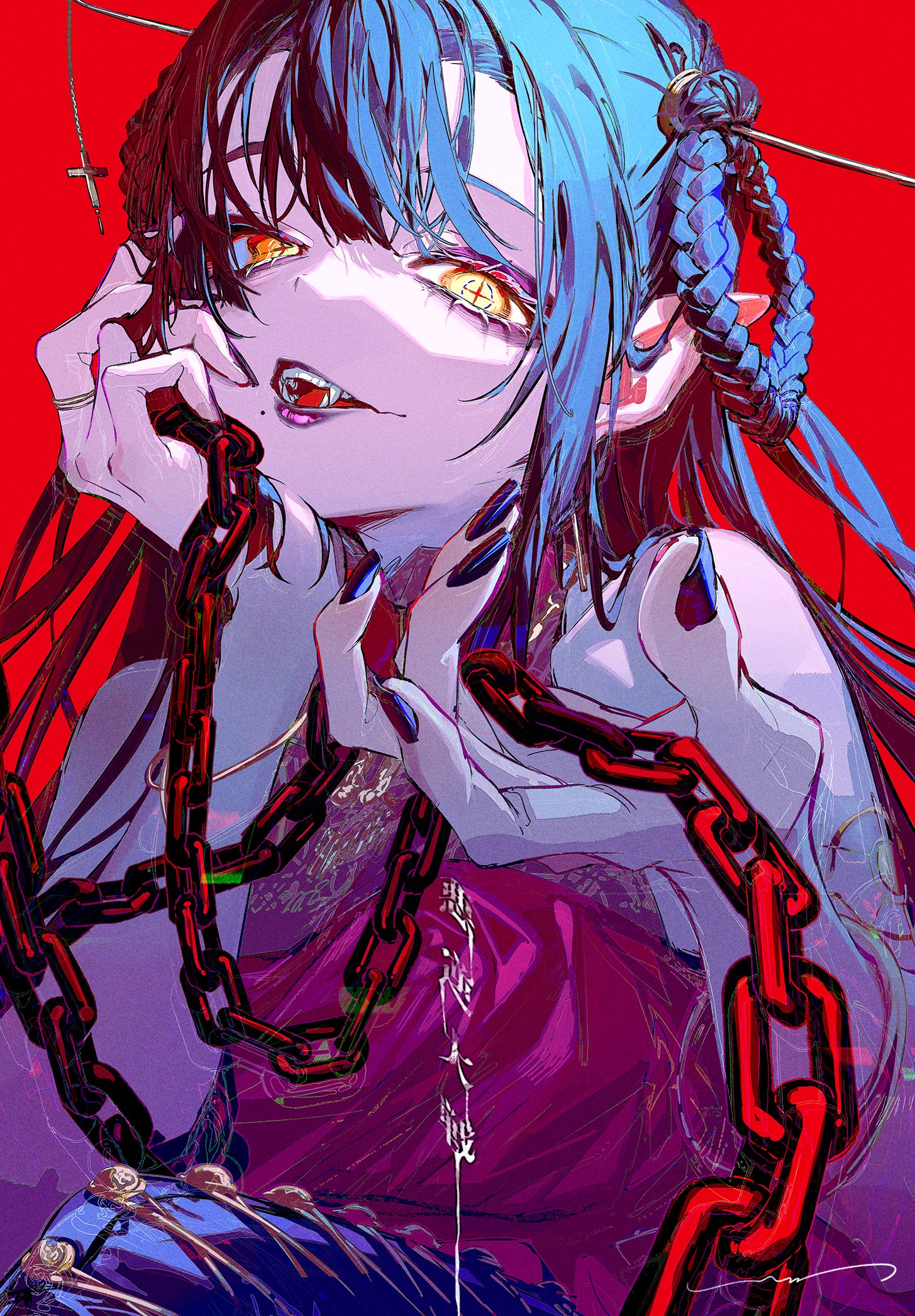 a digital drawing of a female anime character with long blue hair and black eyes. the character is looking at the viewer. the background is red, and there are chains on her neck. there are red lines and sparkles that look like blood coming out of her neck. the image looks like an anime character from a horror movie.