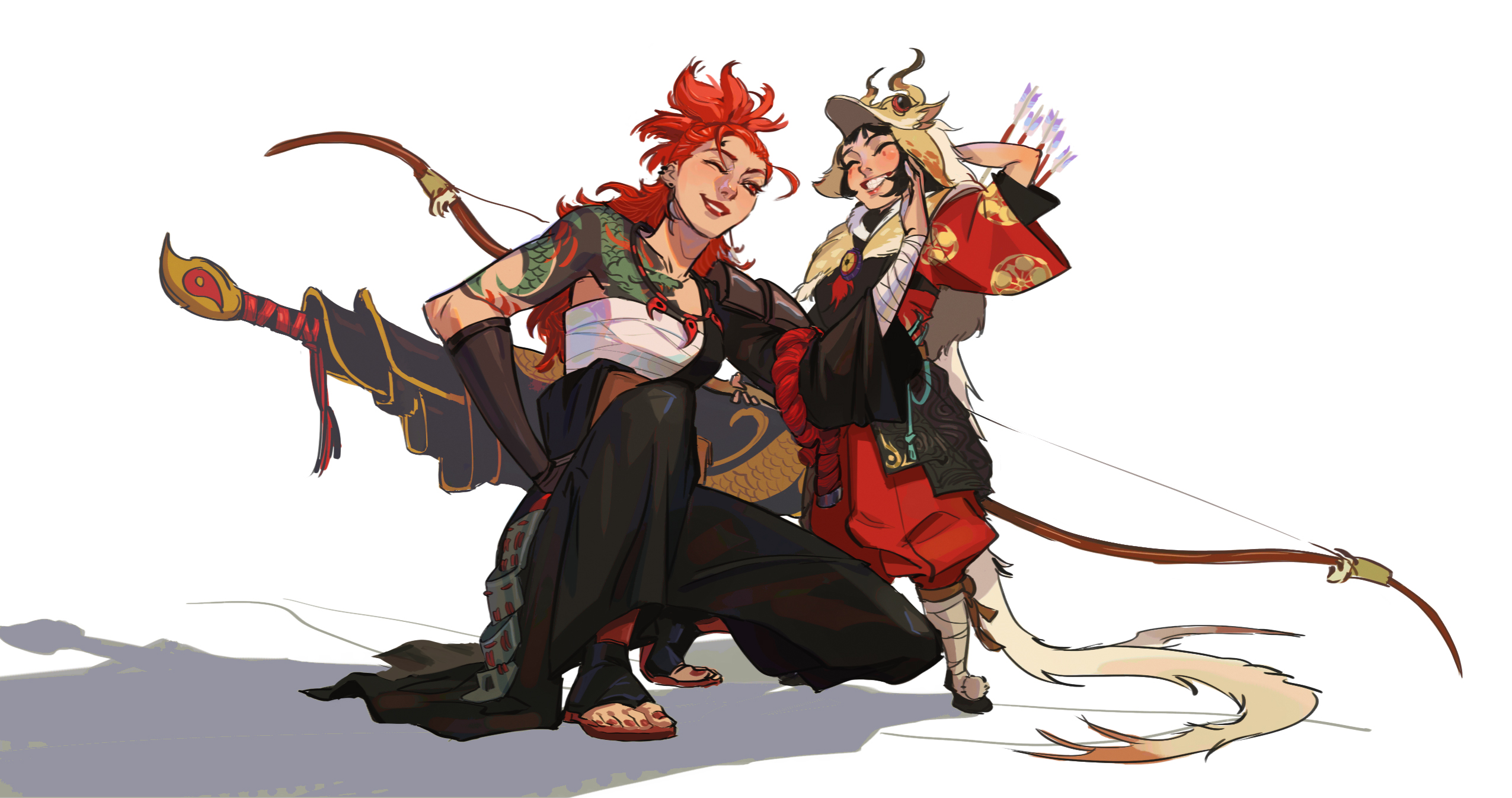 the image is a digital illustration of two female warriors in a japaneseinspired setting.  the warrior on the left is in a black samurailike outfit with a red scarf around her neck.  she is holding a sword and has red hair and red eyes.  the warrior on the right is in a red and white kimono with a white and yellow headdress.  she is holding a bow and arrow and has long black hair.  they are both looking at the viewer. they appear to be standing in a snowy or icy landscape. the style of the artwork is reminiscent of anime or manga art.