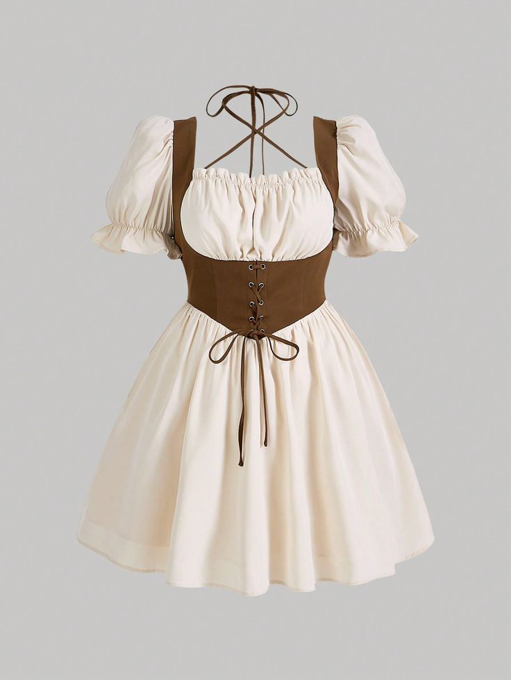 the image shows a creamcolored dress with a brown corset bodice. the dress has short, puffed sleeves and a square neckline. the corset is laced up the front and has a tie closure at the waist. the dress falls to a short, aline skirt. the background is a light gray.