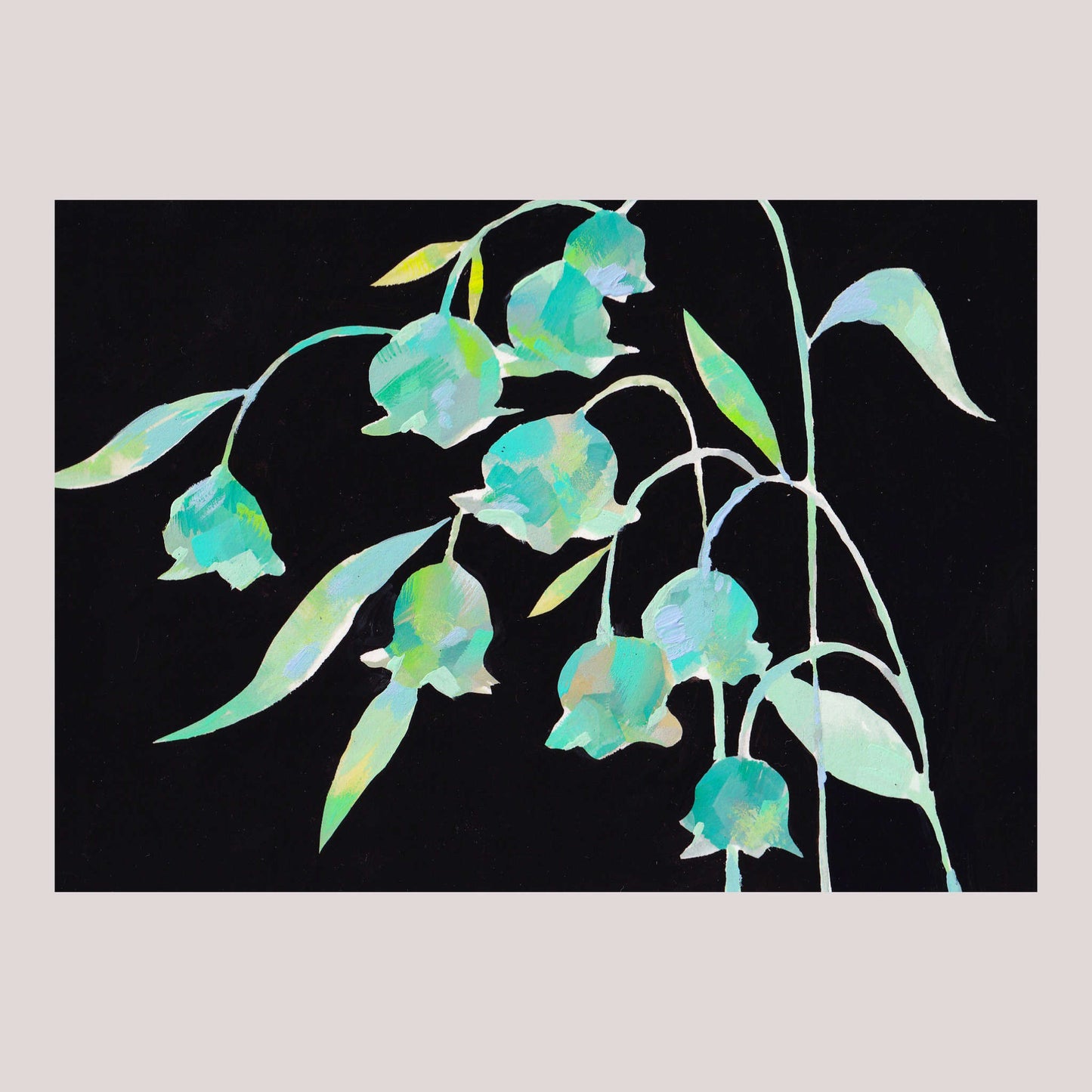 the image is a painting of lily of the valley flowers on a black background. the flowers are painted in shades of teal and green, with a slightly abstract and impressionistic style. the painting is minimalist in its composition, focusing on the delicate lines and shapes of the flowers and leaves. the black background provides a strong contrast to the vibrant colors of the flowers. the style evokes a sense of elegance and natural beauty.