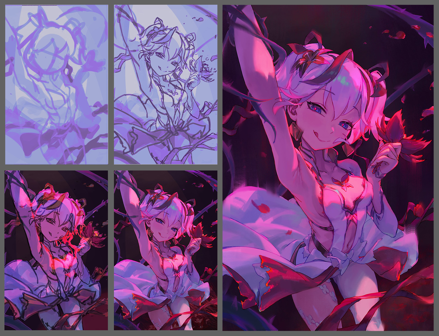 the image shows a stepbystep process of creating a digital illustration of an anime girl. the image is split into multiple panels. from left to right, the steps include: initial sketch in light purple, refined lineart, adding initial lighting, refining lighting and colors, and the final rendered illustration. the subject is a girl with short pink hair, dressed in a white dress, surrounded by thorny vines and roses. the final image features vibrant pink and purple lighting.