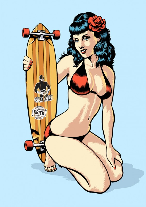 a pinup illustration of a woman in a red bikini holding a longboard. she is wearing sunglasses and has red lips and hair. the image is set against a blue background.