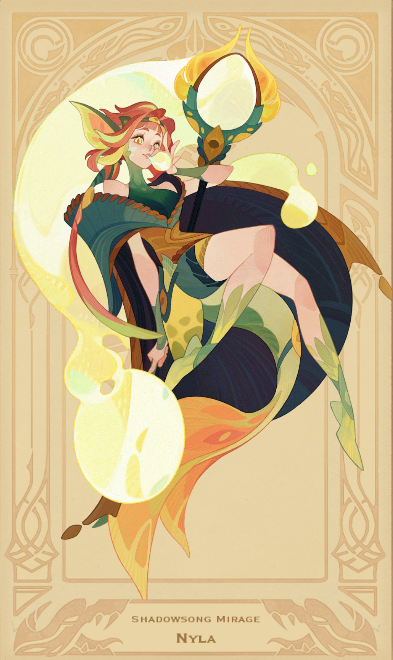 a whimsical illustration of a female character with green skin and vibrant orange hair. she's adorned in flowing green and yellow garments, evoking a natureinspired, perhaps elven, aesthetic. the character holds a golden, ornate hand mirror and appears playful, with bubbles floating around her. the background is a cream color with an intricate art nouveauinspired frame.  the overall palette is warm and inviting, suggesting a lighthearted and magical tone.