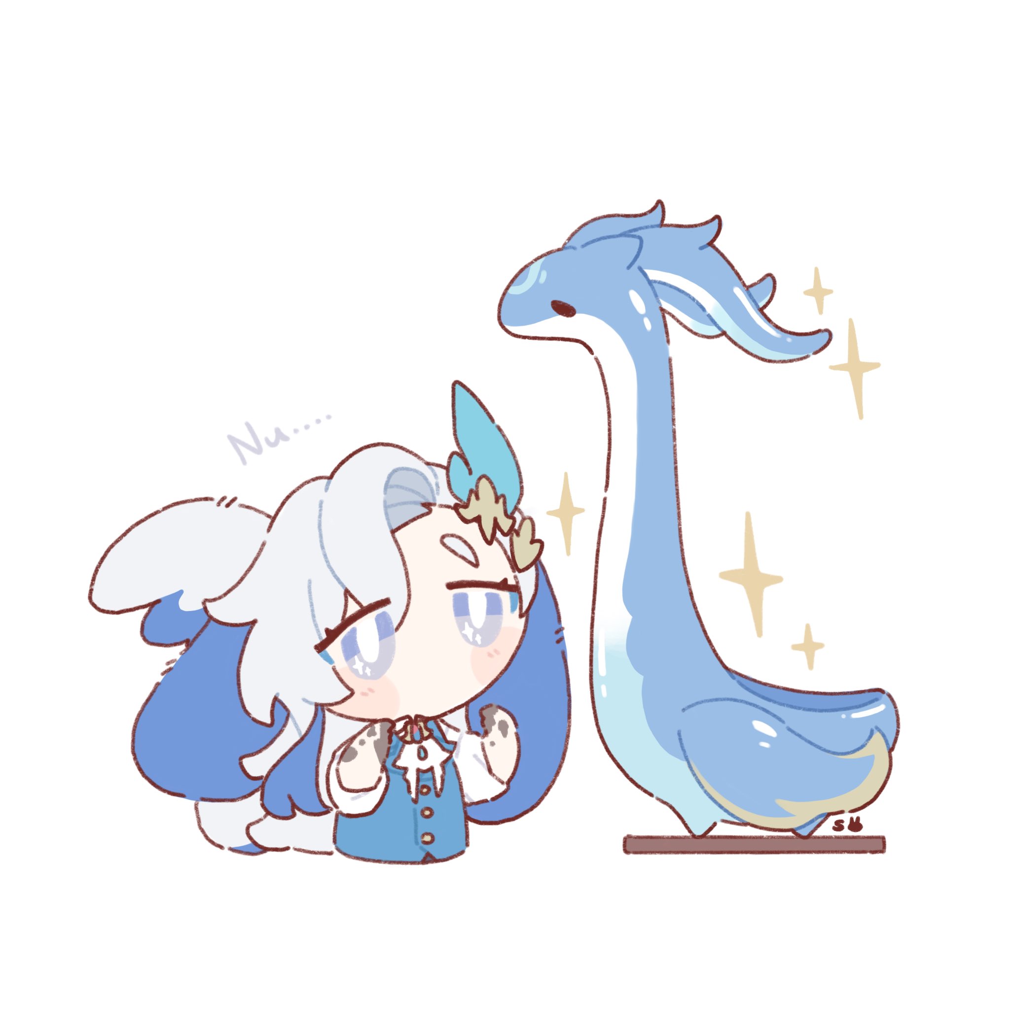 the image is a cute chibistyle drawing featuring ganyu from genshin impact and a light blue, longnecked aquatic creature, possibly cloud retainer.  ganyu is depicted in a smaller scale,  wearing a blue and white outfit, and has a shy, slightly embarrassed expression. the aquatic creature is larger, positioned to the right of ganyu, and has a serene demeanor. both characters are rendered in soft, pastel blue and white hues with sparkly embellishments. the art style is lighthearted and whimsical. the overall impression is one of gentle companionship between the two characters.