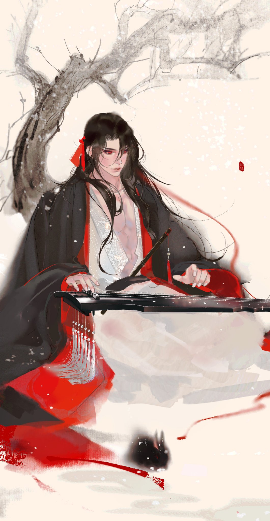 the image showcases a digital illustration of a man with long black hair, wearing a flowing black and red hanfu, seated gracefully amidst a snowy landscape. he is playing a guqin, a traditional chinese stringed instrument, with a serene expression. the background features a stylized bare tree and falling snow, adding to the tranquil atmosphere. the overall aesthetic is elegant and evocative of traditional chinese art styles.
