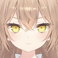 a closeup illustration of an anime girl with big, yellow eyes and light brown hair. she has an annoyed expression with a slight pout.  the style is typical of anime and manga, with large eyes and simplified features.