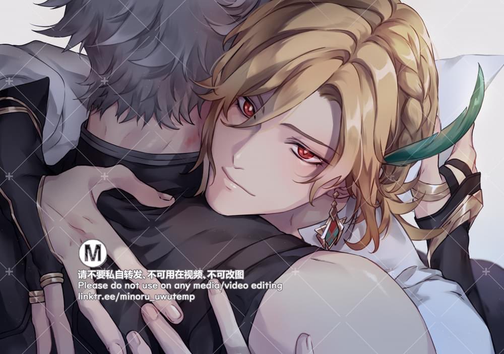 an anime image of albedo and itto hugging each other. they are both dressed in their signature clothing, and albedo is smiling while itto looks more serious. the background is blurred, and the image is drawn in a very detailed style.