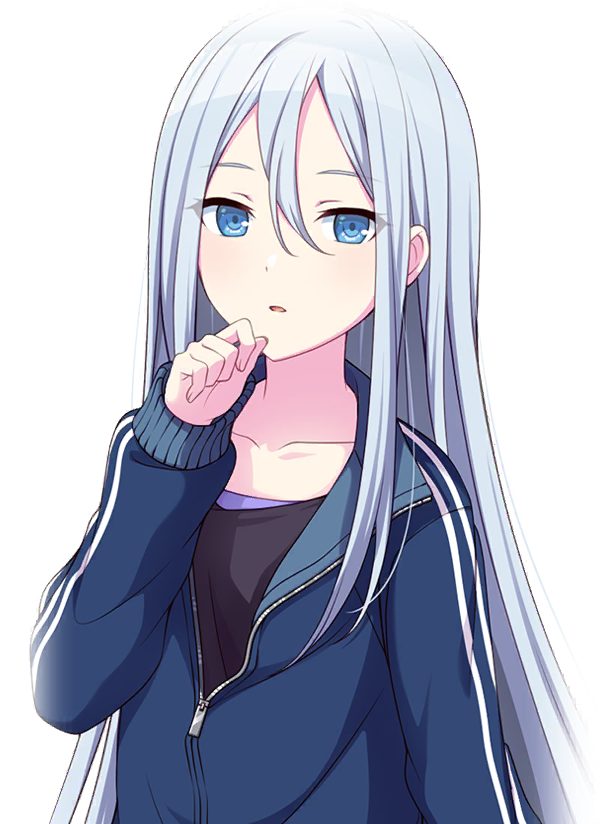 an animestyle girl with long silver hair and blue eyes is depicted. she is wearing a blue jacket with white stripes and has her hand on her chin, suggesting a thoughtful or pensive mood.
