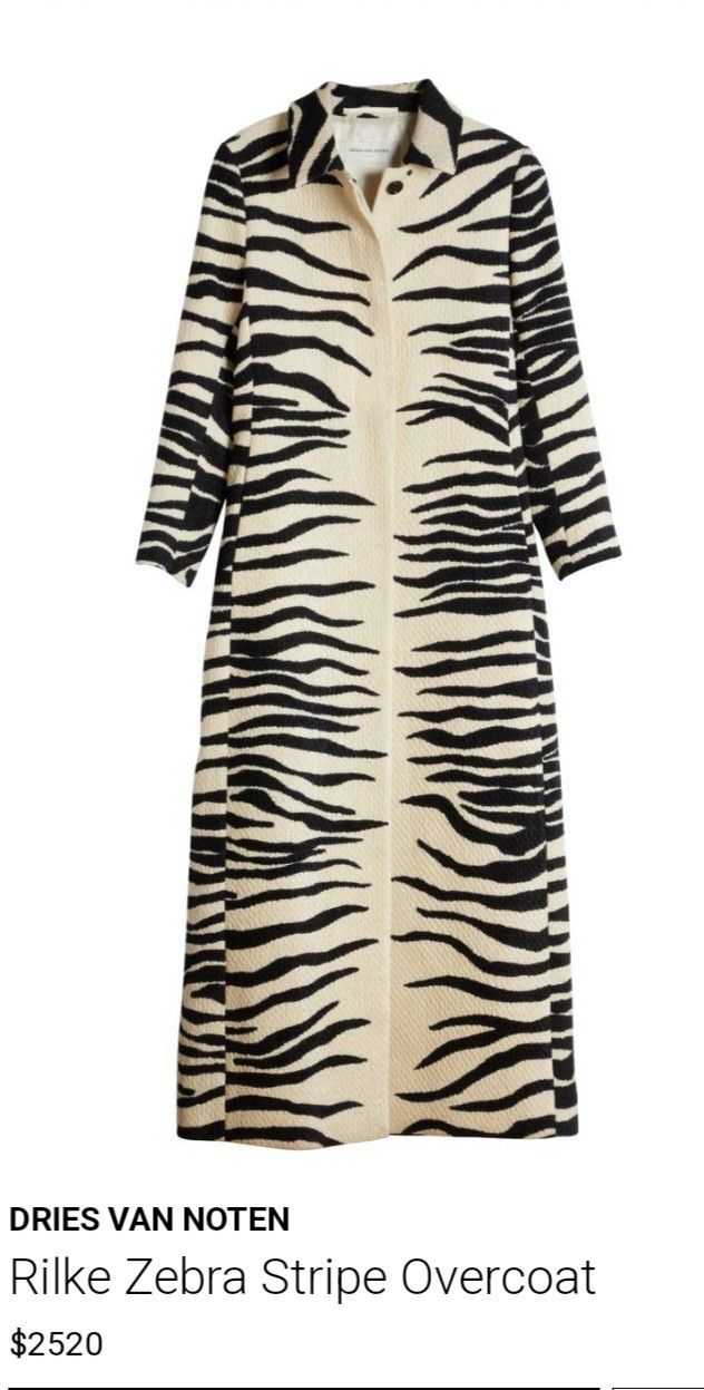 an image of a dries van noten rilke zebra stripe overcoat. the coat is fulllength and features a striking zebra stripe pattern. it has long sleeves and a collared design.
