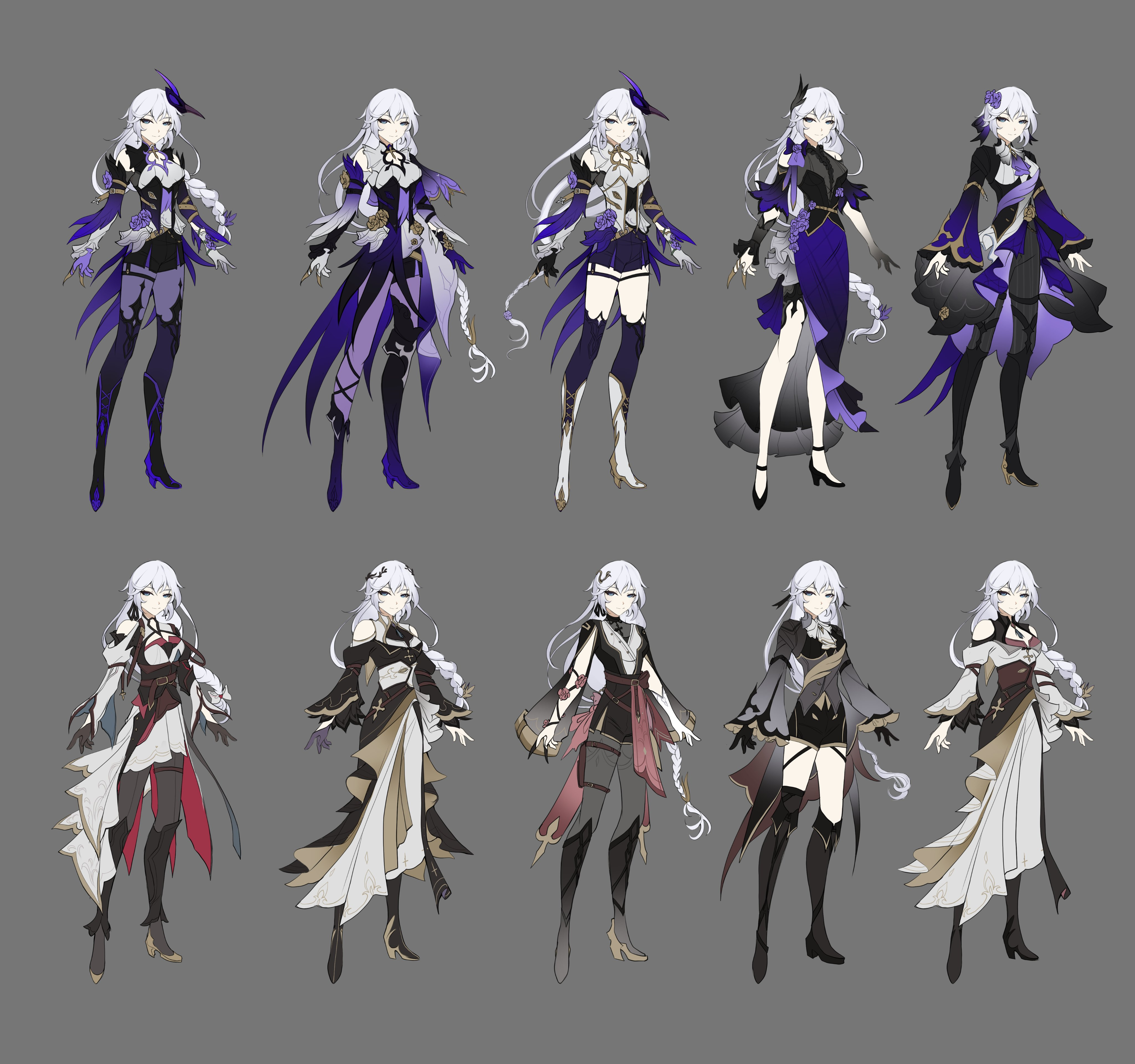 ten concept sketches of a female anime character are shown in two rows. the top row features more ornate and colorful outfits with blue and purple hues. the bottom row features simpler and darker outfits in black, white and red.